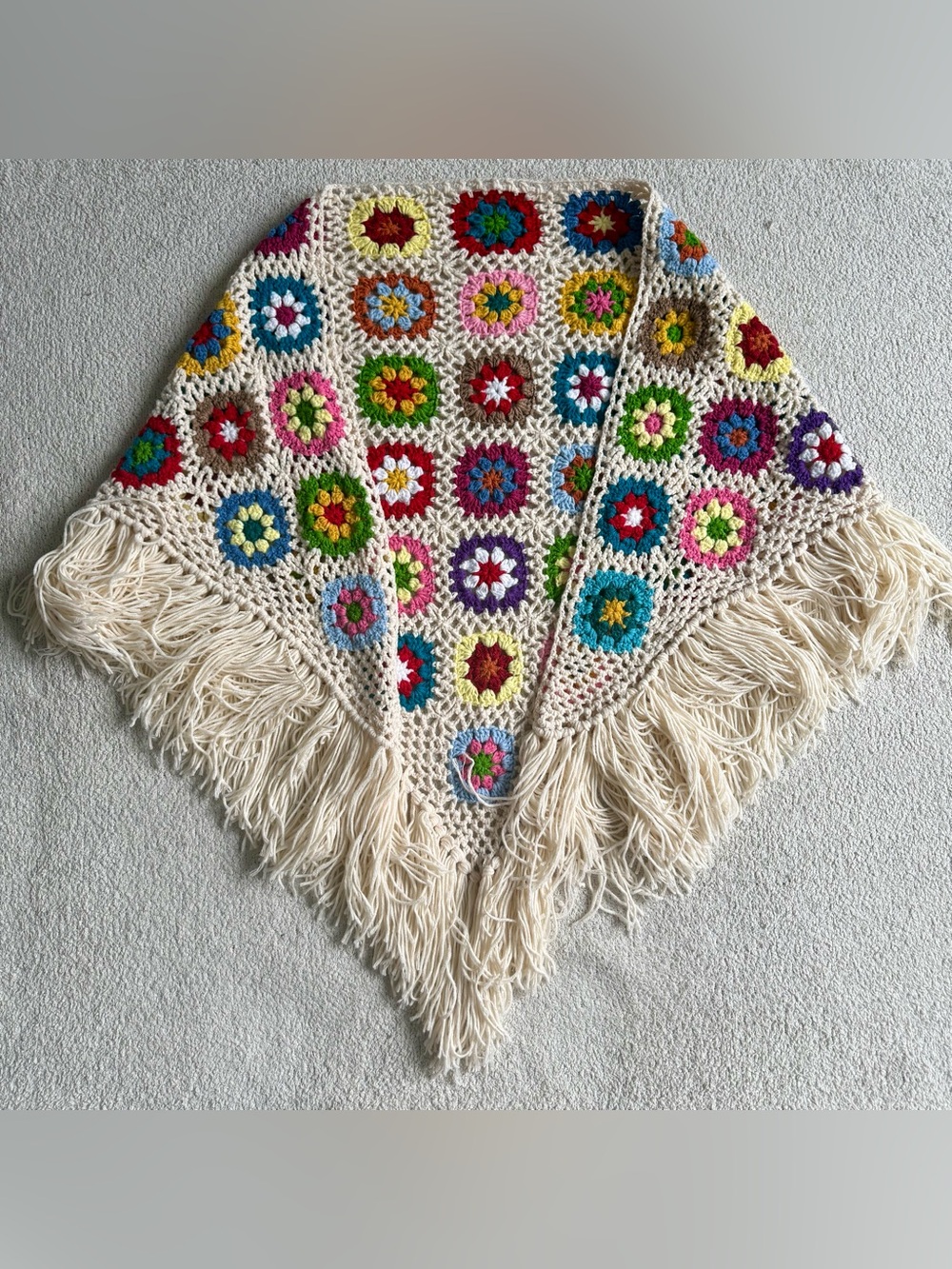 Vintage Handmade Crochet Poncho with Multicolored Granny Squares and Fringe